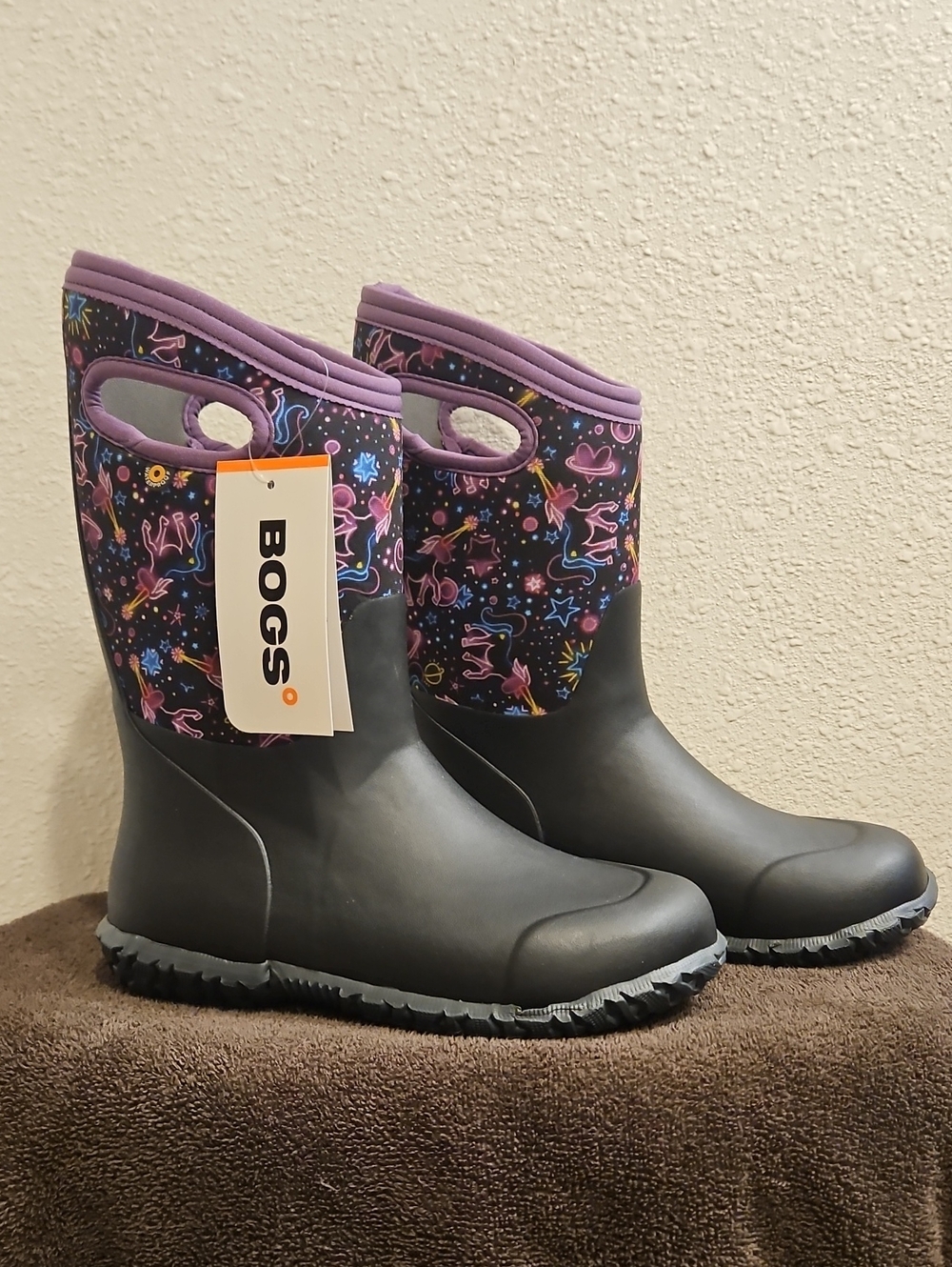 Bogs Black Rain Boots with Purple Unicorn Pattern